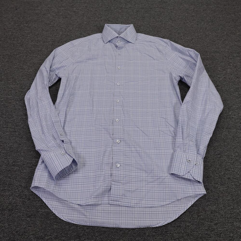 Stenströms Shirt Mens 16 Blue Gingham Slim Fit Twofold Cotton Dress Long Sleeve